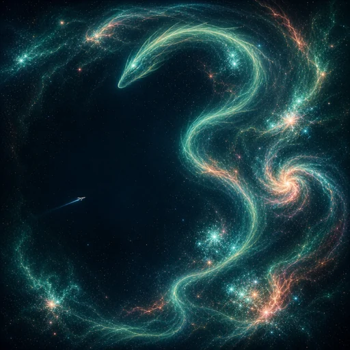 Hydra as a sea-glass nebula winding past clusters and a pinwheel galaxy