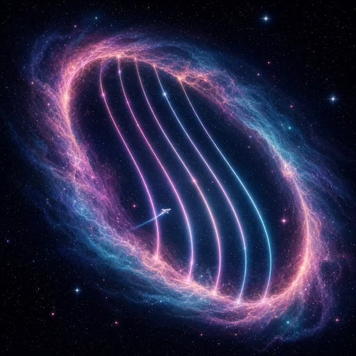 Lyra's glowing harp strings stretched across a violet ring nebula